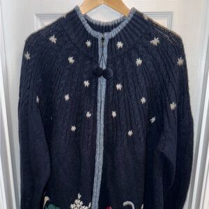 Christmas Sweater Full Zip Women’s 3X Blue Sleigh Embroidery Cuff Collar Holiday